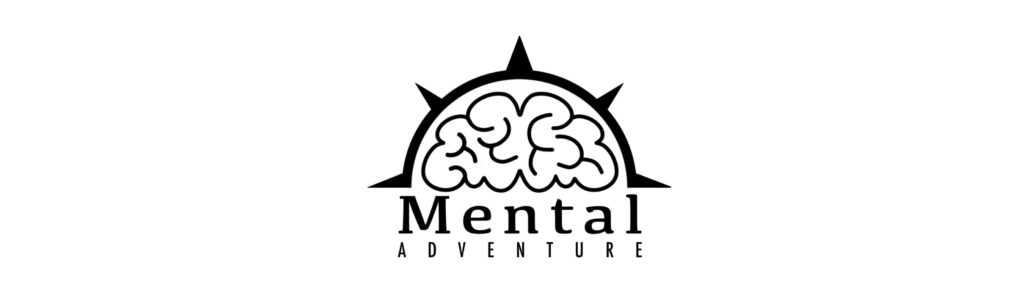 Logo z napisem: "mental adventure". Nad napisem mózg. Otoczony półkolem z pięcioma kolcami.
